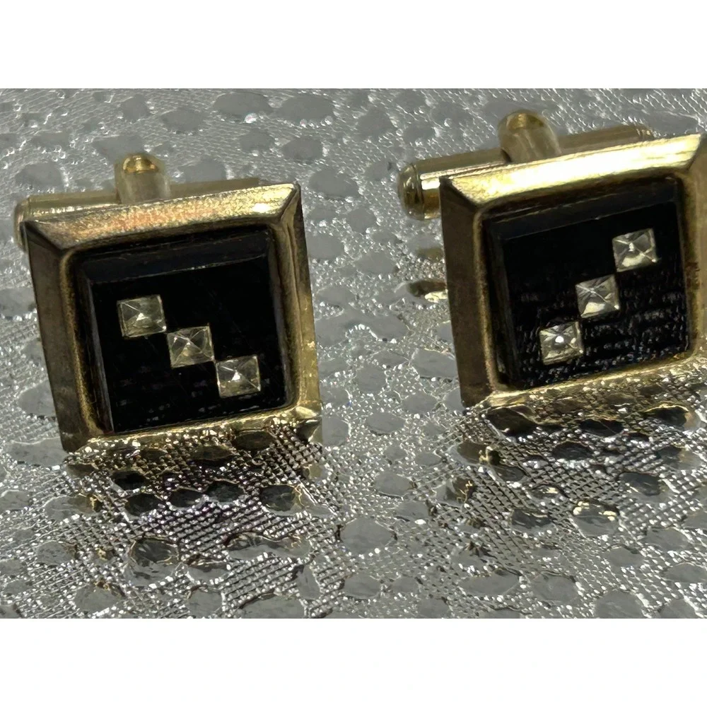 Vintage Gold Tone Square Cufflinks Black Rhinestone Mid‎ Century Formal Mens